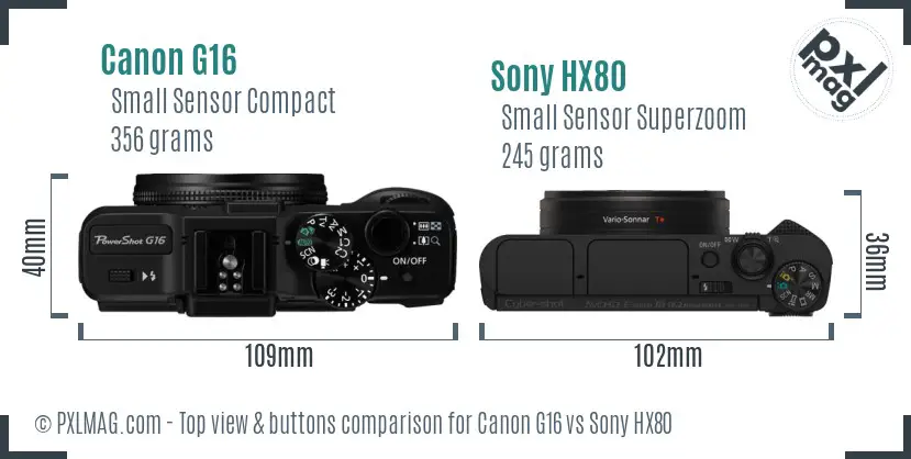 Canon G16 vs Sony HX80 top view buttons comparison