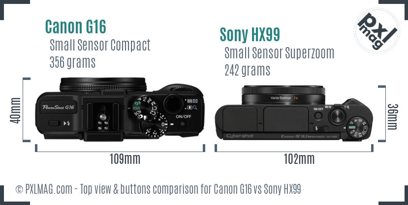 Canon G16 vs Sony HX99 top view buttons comparison