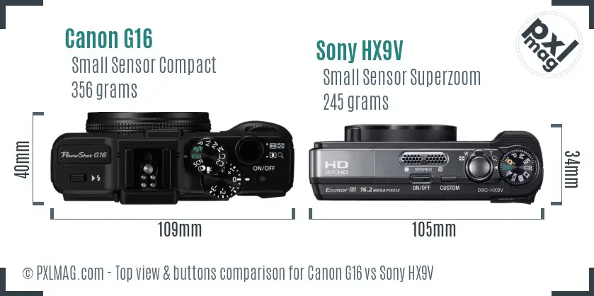 Canon G16 vs Sony HX9V top view buttons comparison