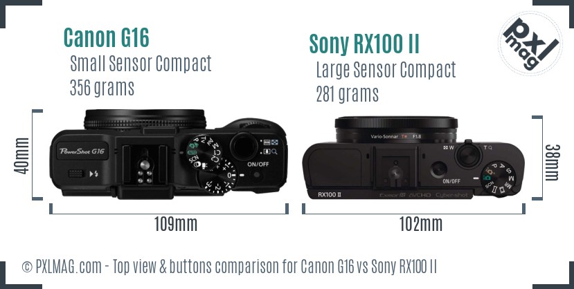 Canon G16 vs Sony RX100 II top view buttons comparison
