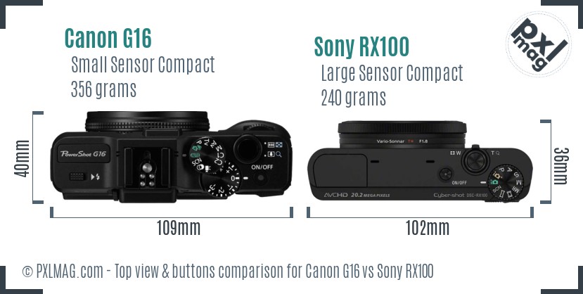 Canon G16 vs Sony RX100 top view buttons comparison
