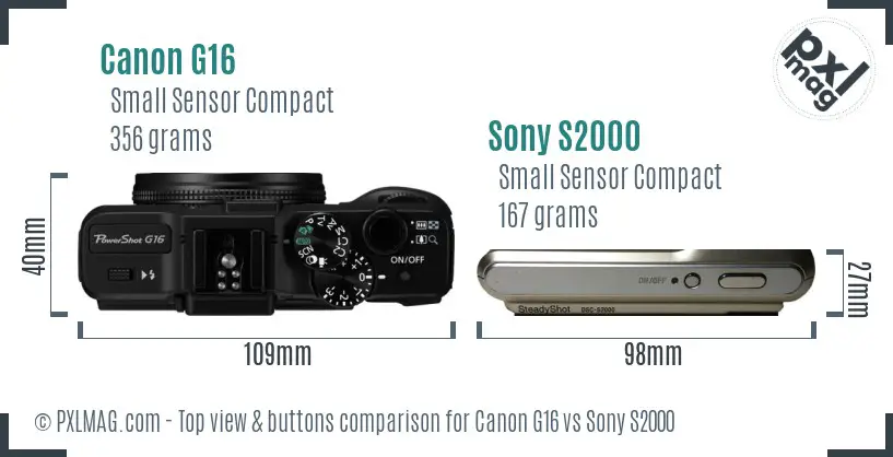Canon G16 vs Sony S2000 top view buttons comparison