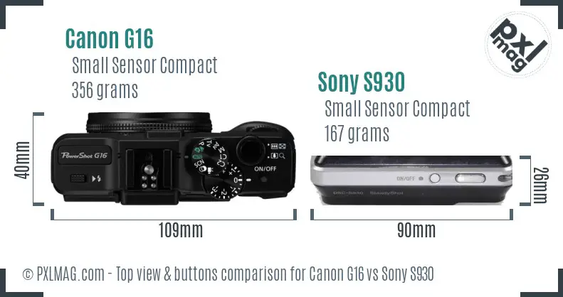 Canon G16 vs Sony S930 top view buttons comparison