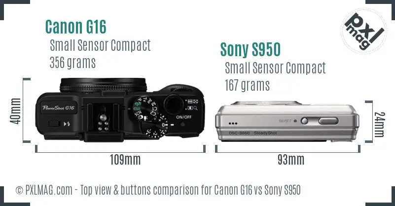 Canon G16 vs Sony S950 top view buttons comparison
