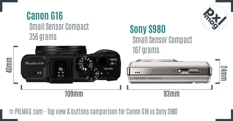 Canon G16 vs Sony S980 top view buttons comparison