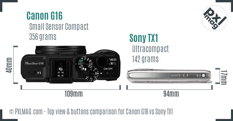 Canon G16 vs Sony TX1 top view buttons comparison
