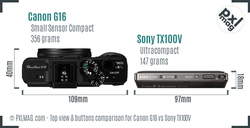 Canon G16 vs Sony TX100V top view buttons comparison