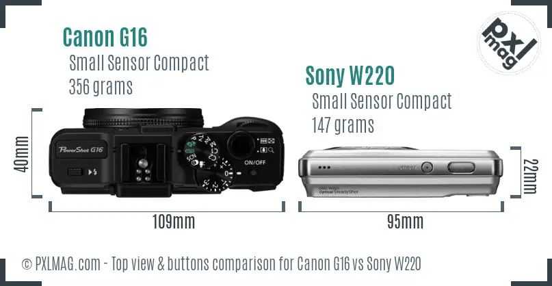Canon G16 vs Sony W220 top view buttons comparison