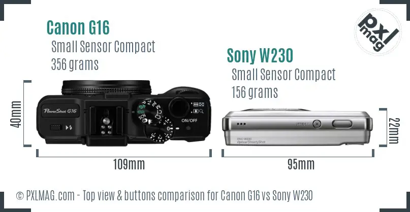 Canon G16 vs Sony W230 top view buttons comparison