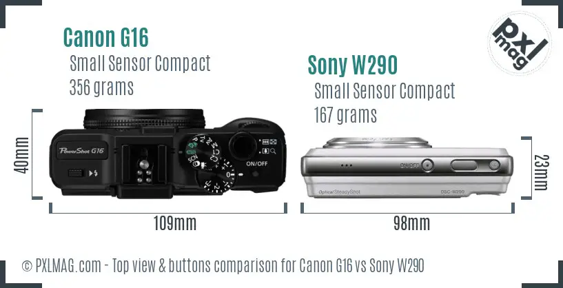 Canon G16 vs Sony W290 top view buttons comparison