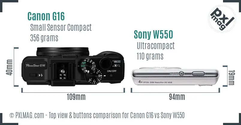 Canon G16 vs Sony W550 top view buttons comparison