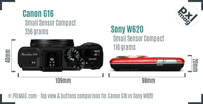 Canon G16 vs Sony W620 top view buttons comparison