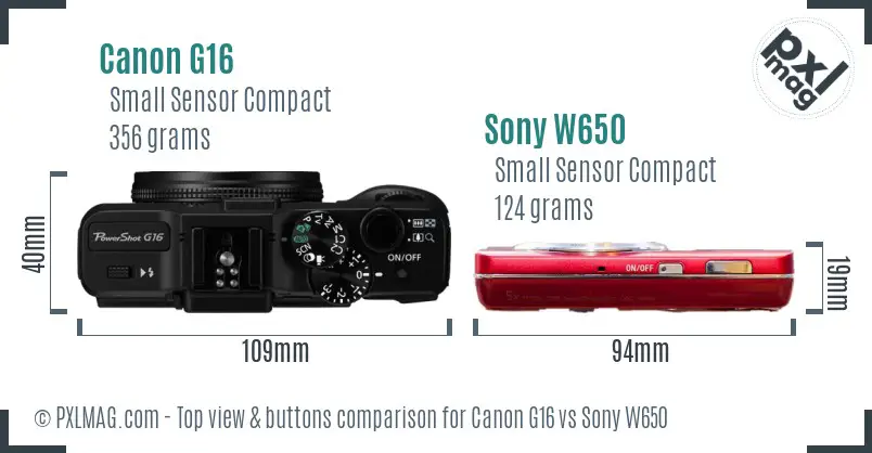 Canon G16 vs Sony W650 top view buttons comparison