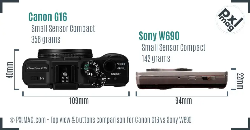 Canon G16 vs Sony W690 top view buttons comparison