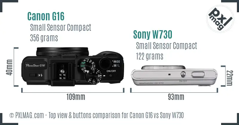Canon G16 vs Sony W730 top view buttons comparison