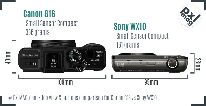 Canon G16 vs Sony WX10 top view buttons comparison