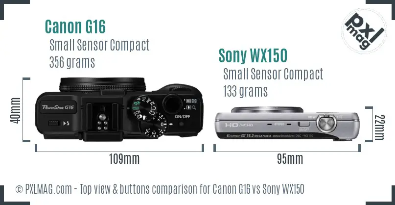 Canon G16 vs Sony WX150 top view buttons comparison