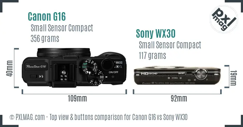 Canon G16 vs Sony WX30 top view buttons comparison