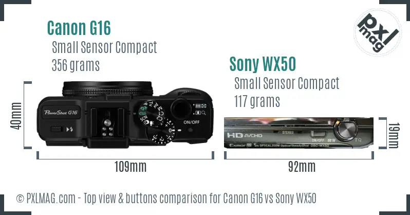 Canon G16 vs Sony WX50 top view buttons comparison