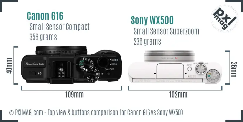 Canon G16 vs Sony WX500 top view buttons comparison