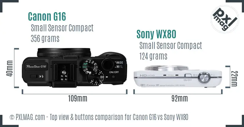 Canon G16 vs Sony WX80 top view buttons comparison