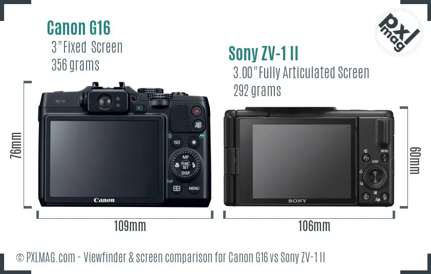 Canon G16 vs Sony ZV-1 II Screen and Viewfinder comparison