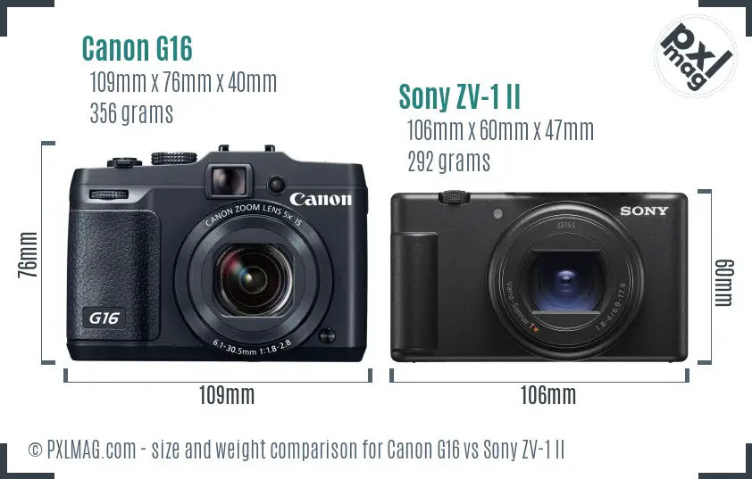 Canon G16 vs Sony ZV-1 II size comparison
