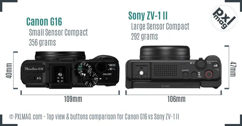 Canon G16 vs Sony ZV-1 II top view buttons comparison