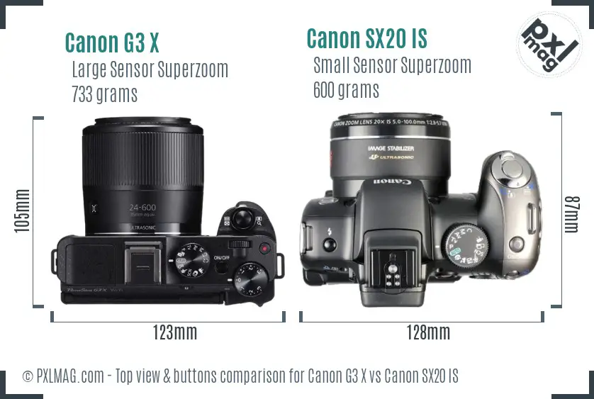 Canon G3 X vs Canon SX20 IS top view buttons comparison