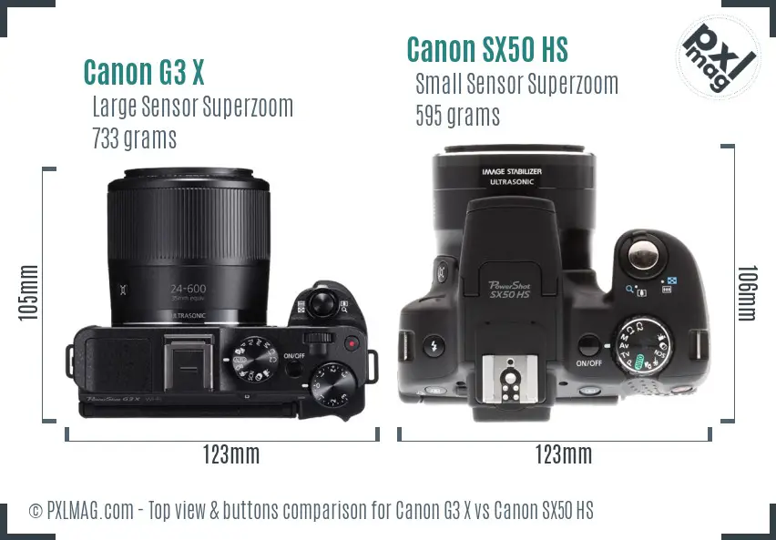 Canon G3 X vs Canon SX50 HS top view buttons comparison