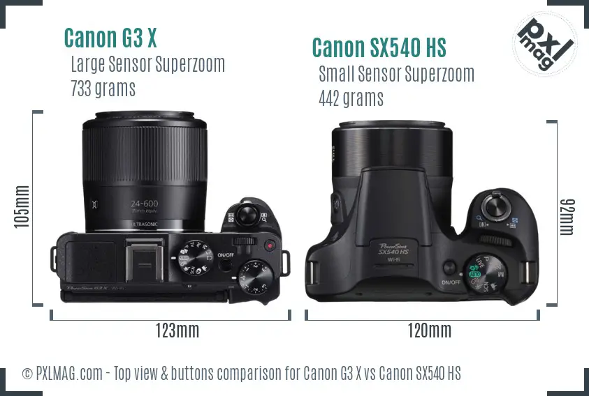 Canon G3 X vs Canon SX540 HS top view buttons comparison
