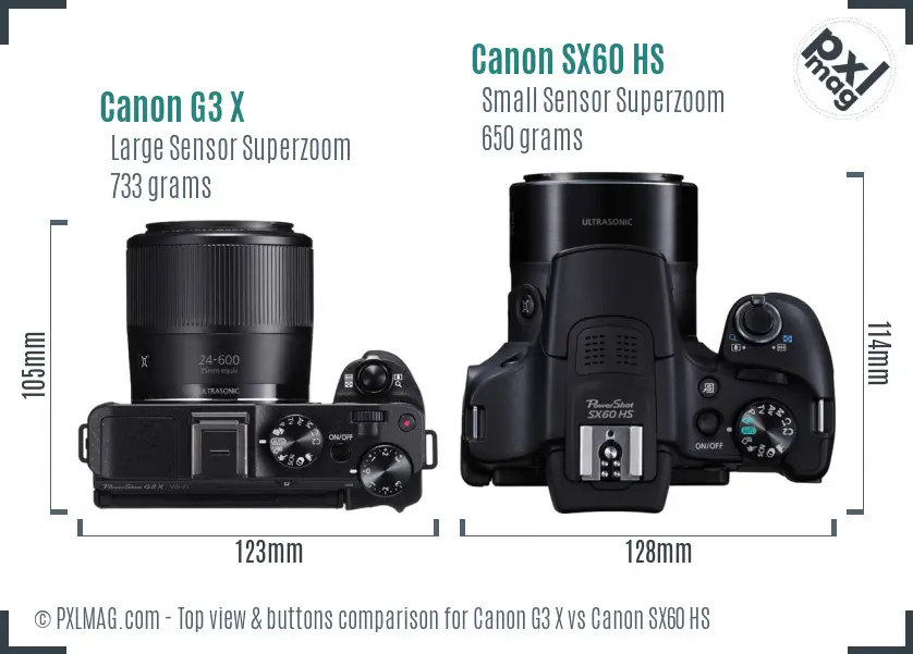 Canon G3 X vs Canon SX60 HS top view buttons comparison