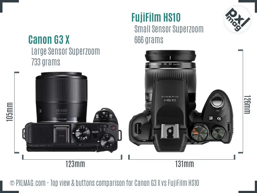 Canon G3 X vs FujiFilm HS10 top view buttons comparison
