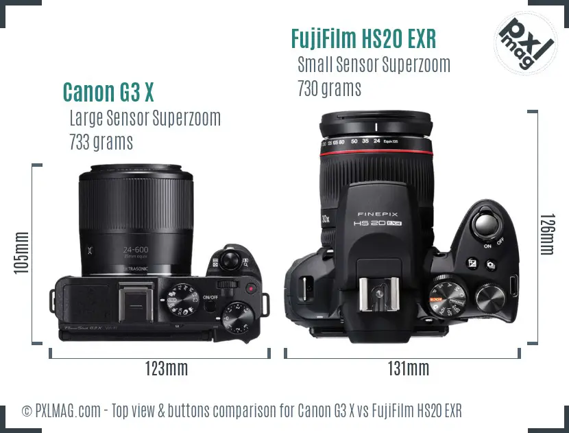 Canon G3 X vs FujiFilm HS20 EXR top view buttons comparison