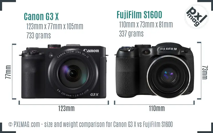 Canon G3 X vs FujiFilm S1600 size comparison