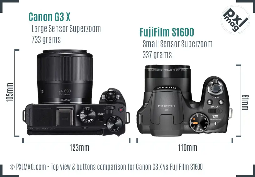 Canon G3 X vs FujiFilm S1600 top view buttons comparison