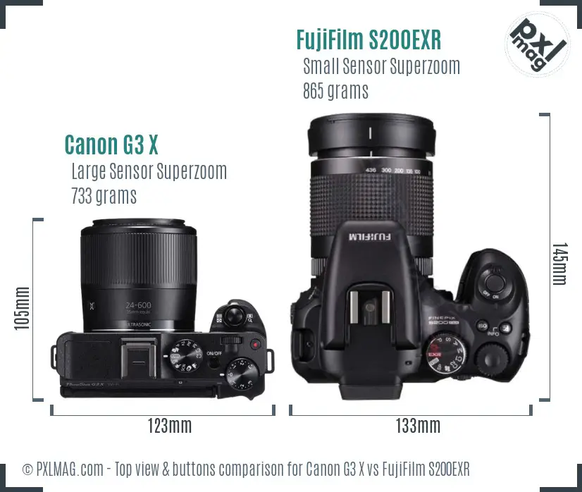 Canon G3 X vs FujiFilm S200EXR top view buttons comparison Canon G3 X vs FujiFilm S200EXR top view buttons comparison