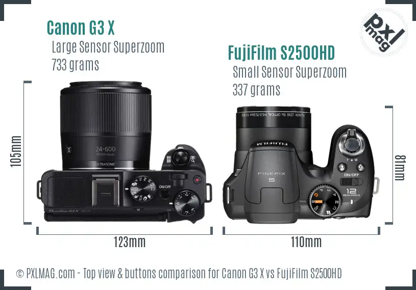 Canon G3 X vs FujiFilm S2500HD top view buttons comparison
