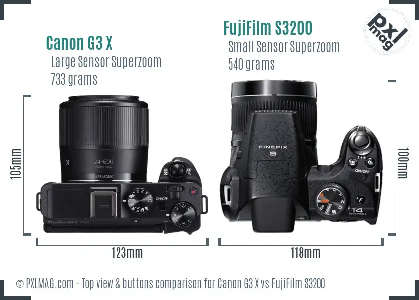 Canon G3 X vs FujiFilm S3200 top view buttons comparison