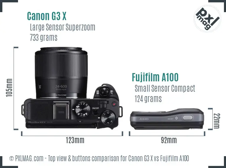 Canon G3 X vs Fujifilm A100 top view buttons comparison