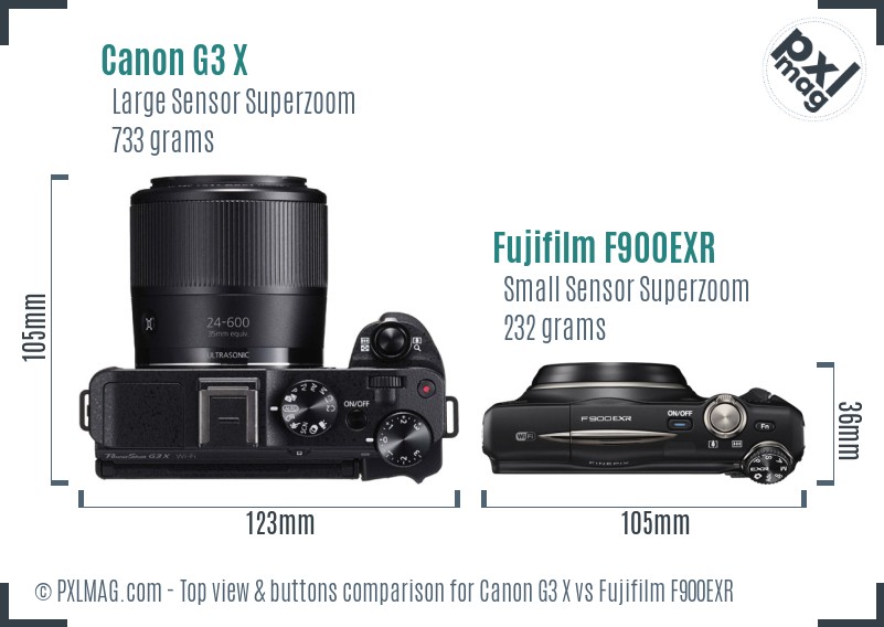Canon G3 X vs Fujifilm F900EXR top view buttons comparison