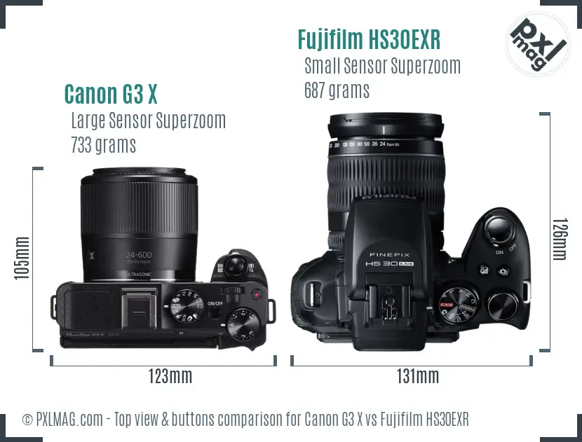 Canon G3 X vs Fujifilm HS30EXR top view buttons comparison Canon G3 X vs Fujifilm HS30EXR top view buttons comparison