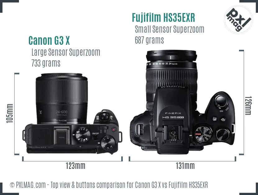 Canon G3 X vs Fujifilm HS35EXR top view buttons comparison