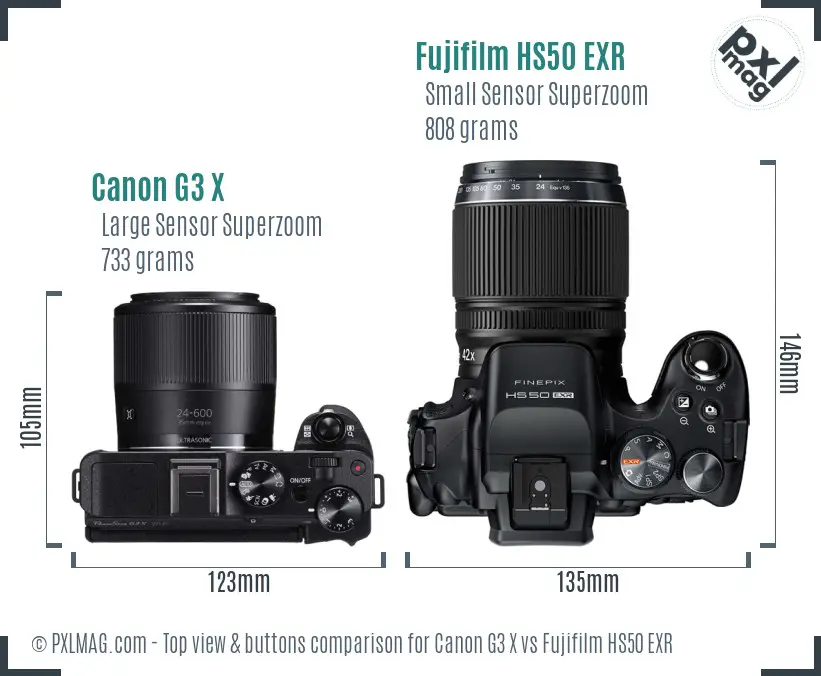 Canon G3 X vs Fujifilm HS50 EXR top view buttons comparison