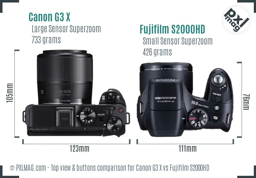 Canon G3 X vs Fujifilm S2000HD top view buttons comparison Canon G3 X vs Fujifilm S2000HD top view buttons comparison