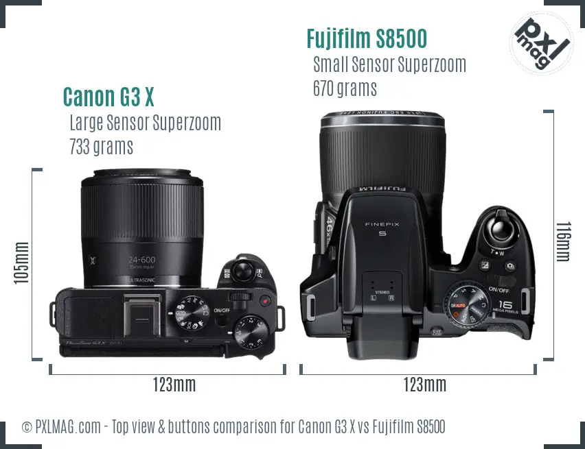 Canon G3 X vs Fujifilm S8500 top view buttons comparison Canon G3 X vs Fujifilm S8500 top view buttons comparison