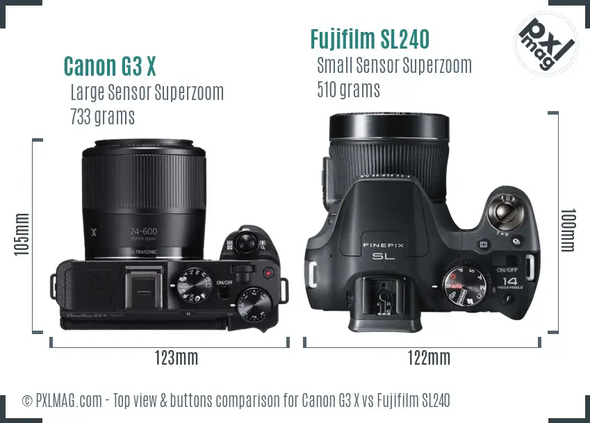 Canon G3 X vs Fujifilm SL240 top view buttons comparison