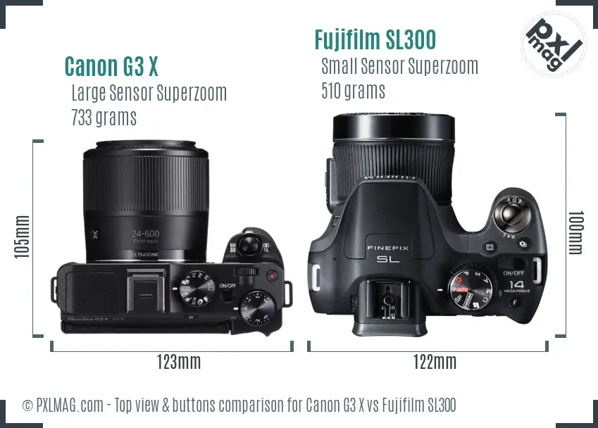 Canon G3 X vs Fujifilm SL300 top view buttons comparison