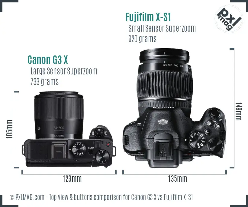 Canon G3 X vs Fujifilm X-S1 top view buttons comparison