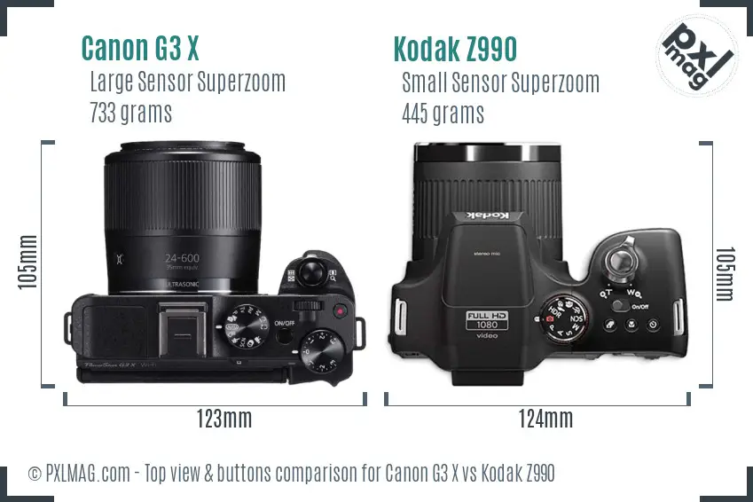 Canon G3 X vs Kodak Z990 top view buttons comparison